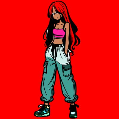 girl in baggy pants crop top and long hair