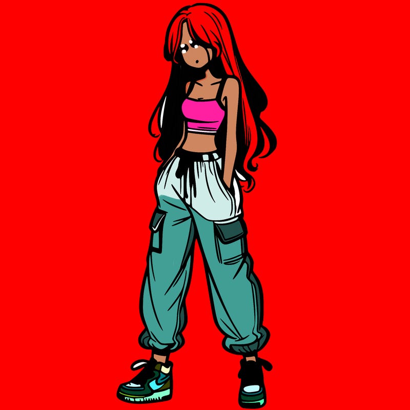 girl in baggy pants crop top and long hair