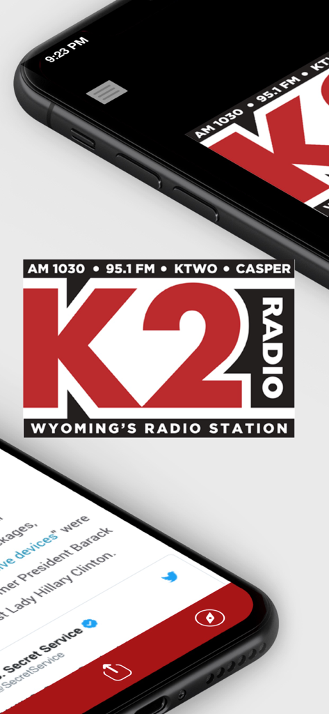 Interface of the K2 Radio Wyoming News app showing the KTWO logo and news articles on a mobile device