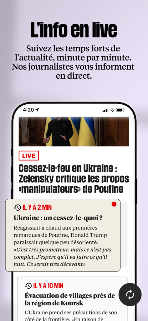 Interface do aplicativo Libération mostrando um feed de notícias ao vivo com manchetes internacionais e atualizações em tempo real.