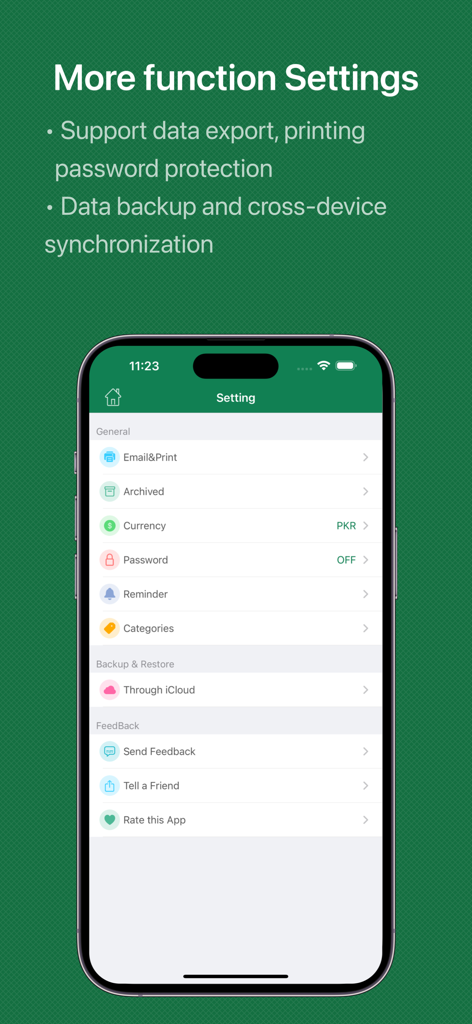 Simple Budget - Save Money - データエクスポート、セキュリティ、バックアップオプションを表示するSimple Budgetアプリの設定画面。