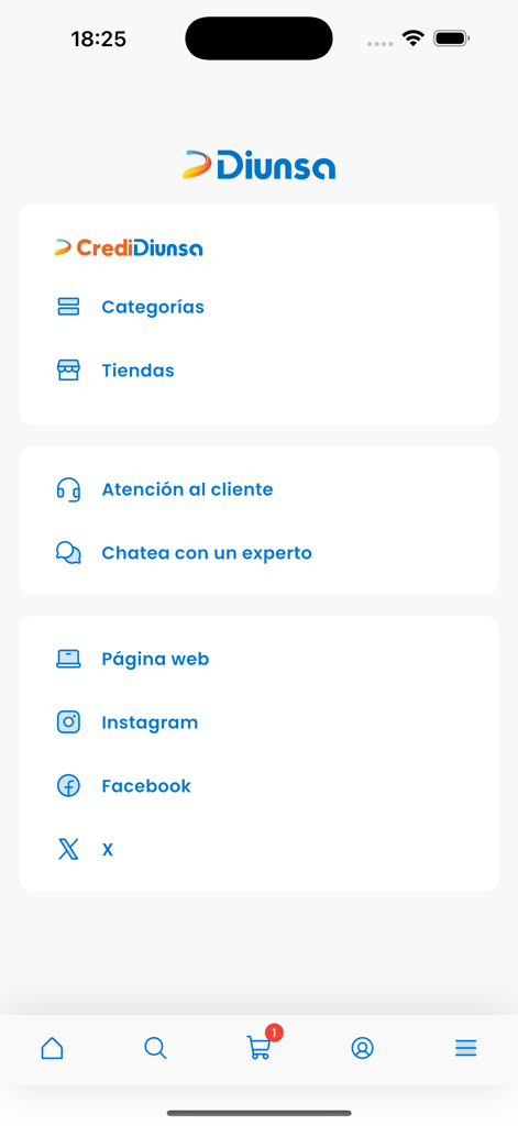 DIUNSA HN - Screenshot of the DIUNSA mobile app menu screen featuring customer service and social media links.