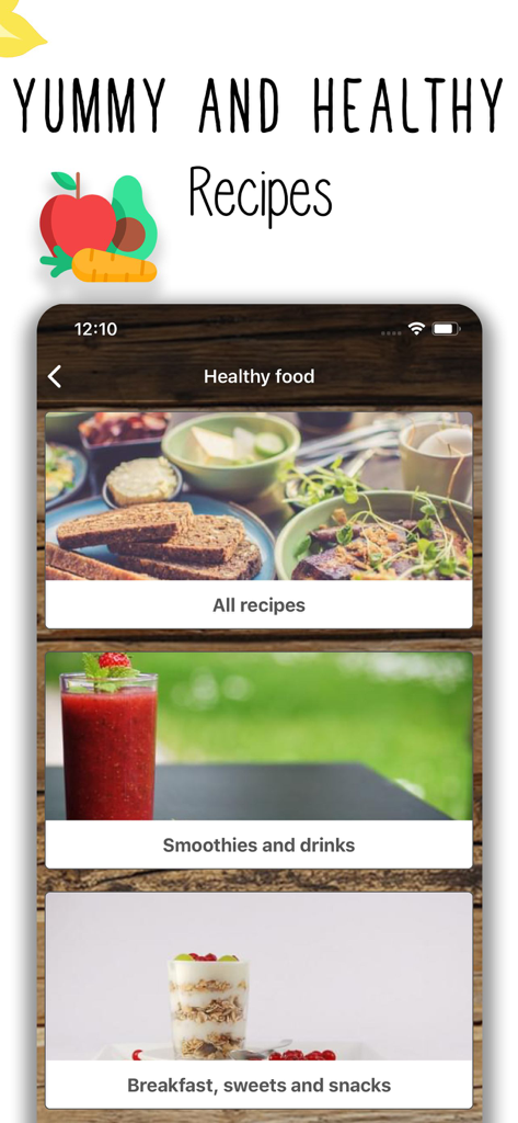 Natural Remedies: healthy life - Screenshot of the Natural Remedies app showing categories for healthy recipes smoothies and breakfast