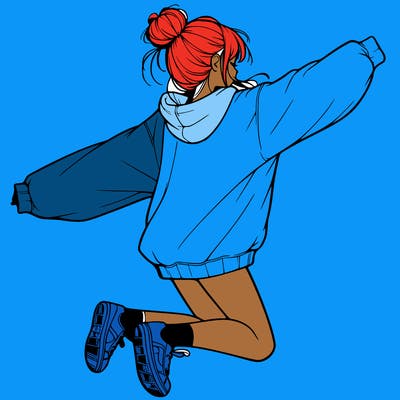 realistic girl jumping with a bun and oversized sweatshirt