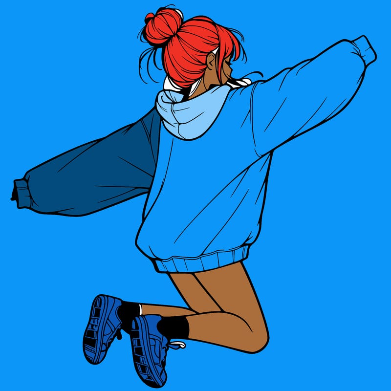 realistic girl jumping with a bun and oversized sweatshirt