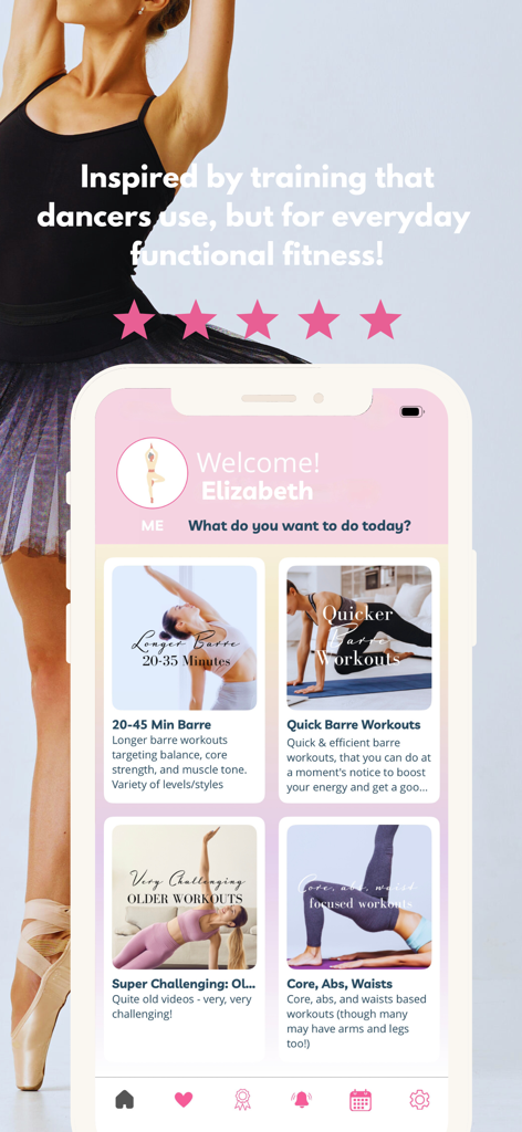 Barre Workouts by Fittbe - Home screen of Barre Workouts by Fittbe app showing different exercise categories like quick barre workouts and core focused sessions.