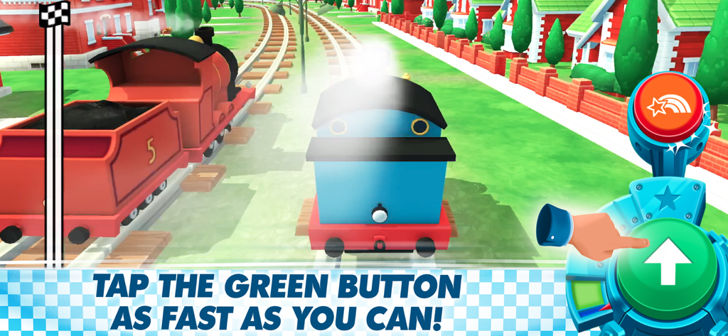 Thomas and James racing on a track with a prompt to tap the green button for speed.