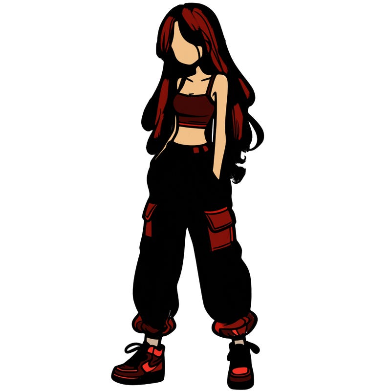 girl in baggy pants crop top and long hair