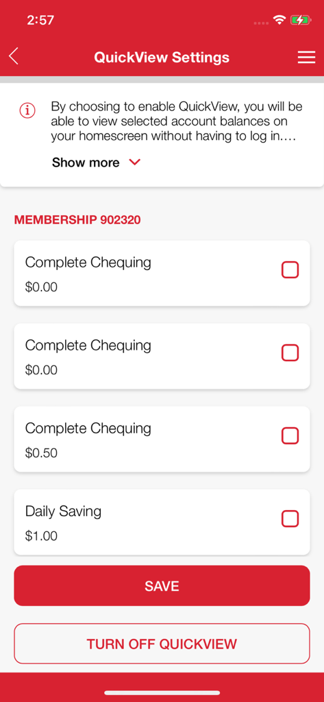 Mainstreet CU Mobile Banking - Mainstreet CU mobile banking app QuickView settings screen showing options to display account balances without logging in