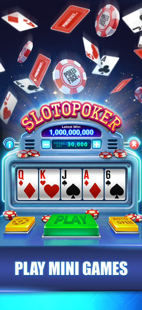 Slotopoker mini game screen in the Poker Face app showing a slot machine with playing cards and chips