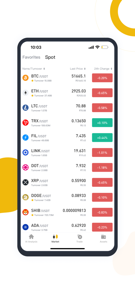 AI Analysis Exchange mobile app interface showing a list of cryptocurrency spot trading pairs with real-time prices and 24-hour changes.