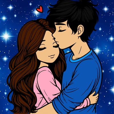 a realistic couple boy and girl hugging and kissing