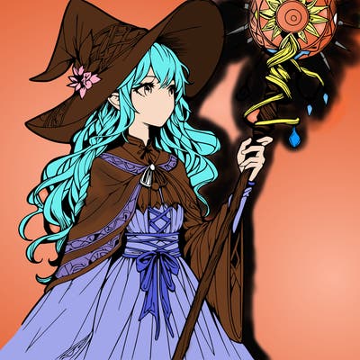 a realistic fantasy manga witch with a staff