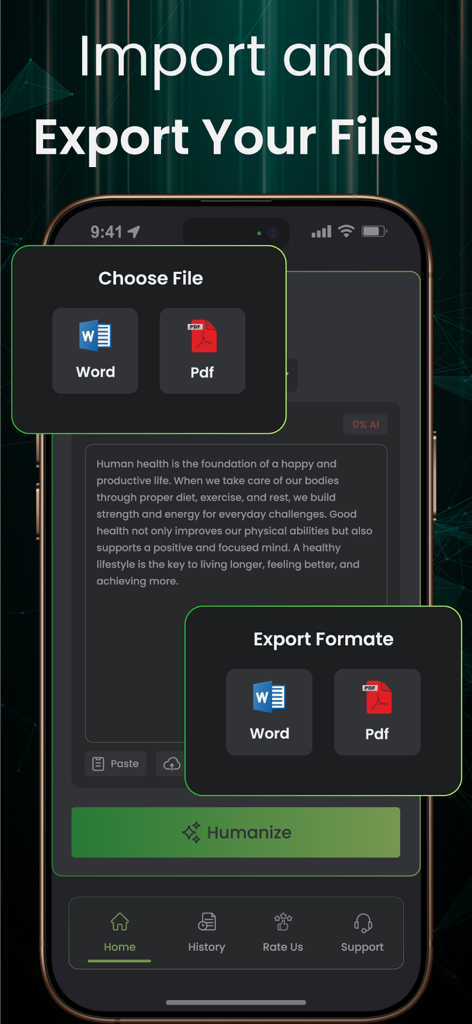 Interface do aplicativo Humanize AI Text mostrando opções de importação e exportação de arquivos para documentos Word e PDF.