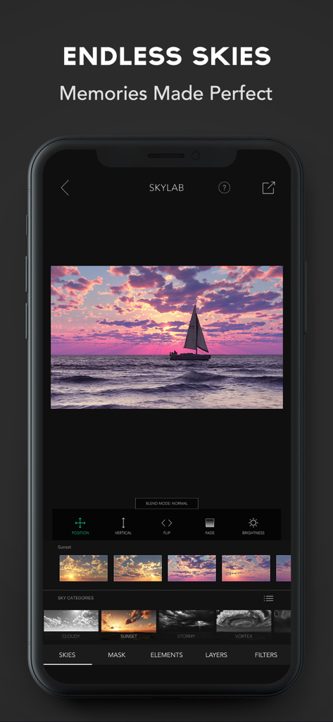 SkyLab app interface showing sunset sky replacement on a photo of a sailboat at sea