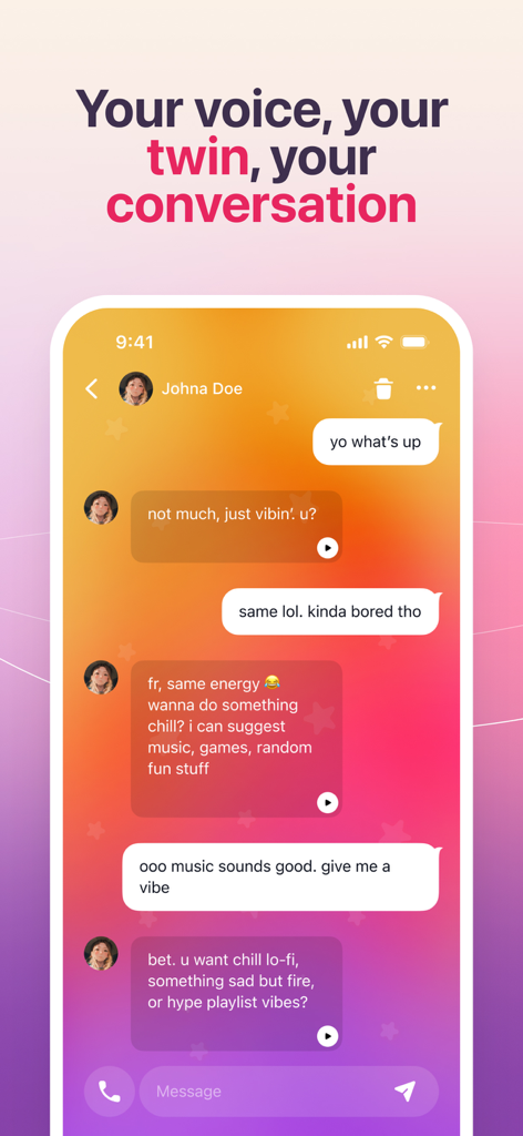 Mobile app screen showing a chat conversation between a user and their AI twin with voice playback buttons.