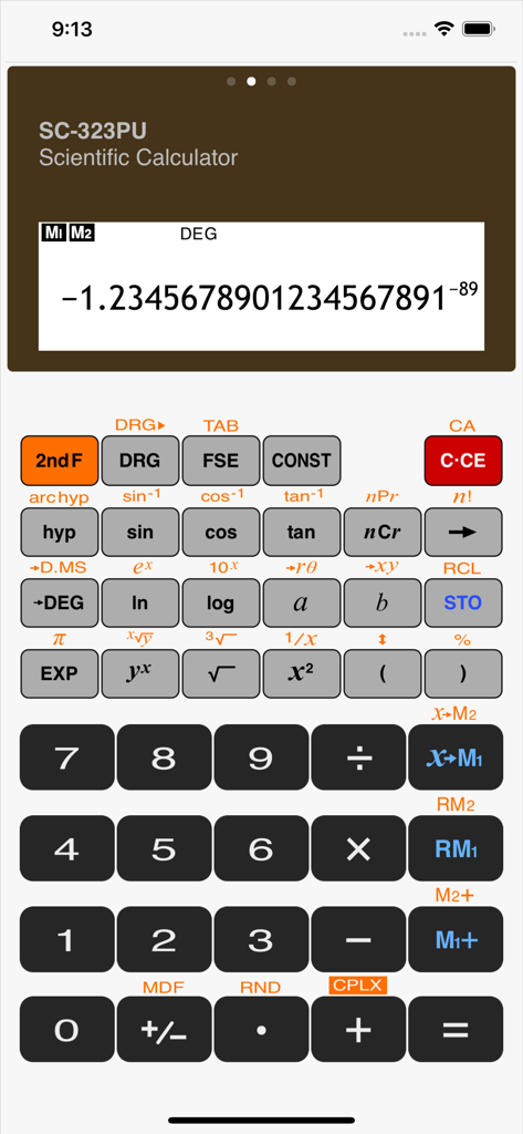 Calculator SC-323PU - Skeuomorphic user interface of the SC323PU scientific calculator app showing advanced mathematical functions