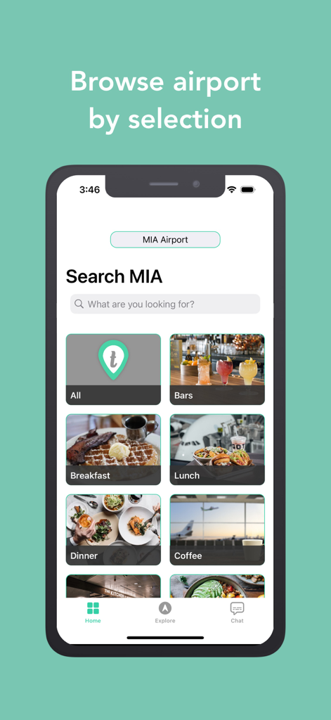 Trippie: The Airport App - Trippie app interface showing airport food and service categories for Miami International Airport.