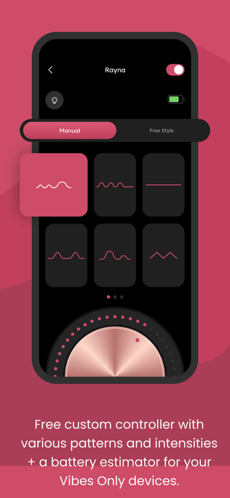 Vibes Only - Vibes Only app interface showing custom vibration patterns and intensity controller for connected devices