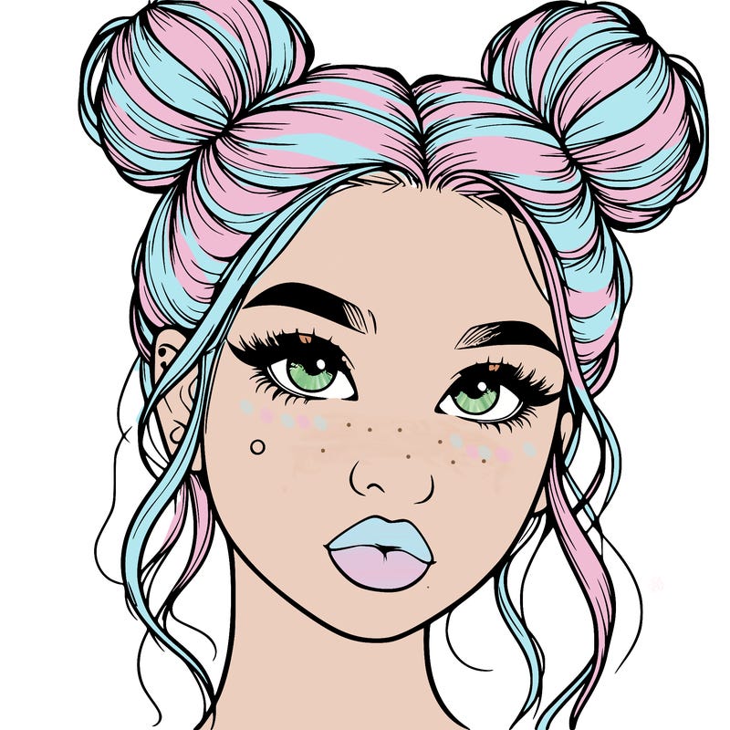 realistic girl with two buns on her hair and lips