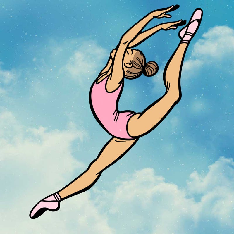 gymnast doing a leap in a leotard with a bent back leg