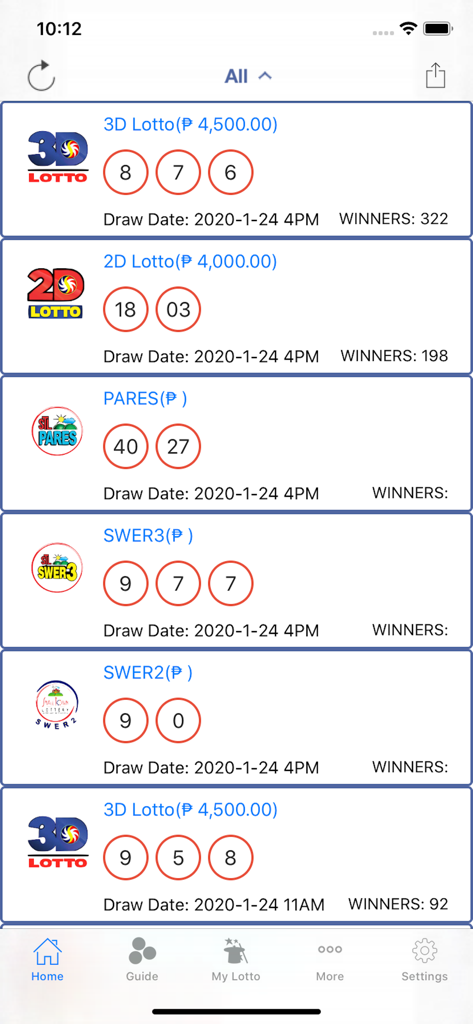 PCSO eLotto app home screen showing winning numbers and draw dates for Philippine lottery games like 3D Lotto and Swer3.