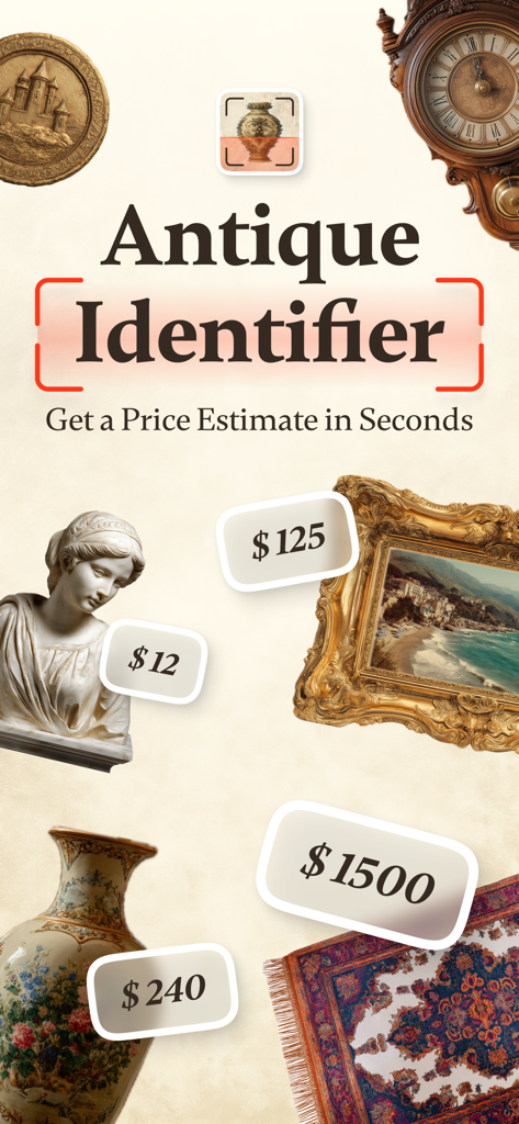AI Antique Identifier - Antiqo - La aplicación AI Antique Identifier mostrando estimaciones de precios para coleccionables vintage como pinturas y jarrones