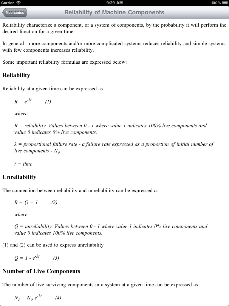 Captura de tela do aplicativo Engineering Toolkit exibindo fórmulas de confiabilidade e não confiabilidade para componentes de máquinas