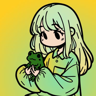 girl with long hair and a oversized shirt. and she is holding a frog