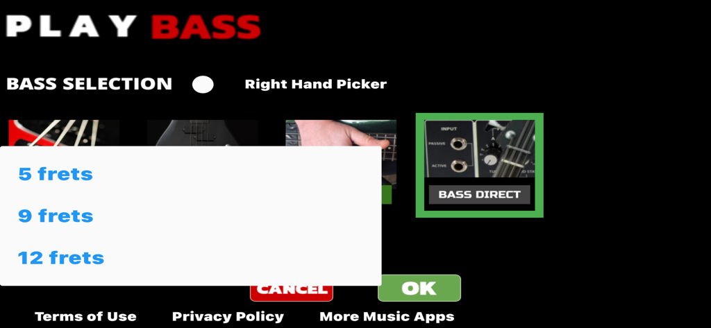 Play Bass: Real Bass Simulator - Selection menu in the Play Bass app showing options for 5 9 and 12 frets and bass models