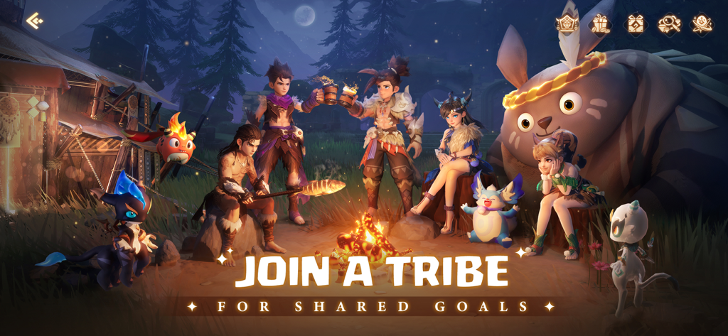 Huntopia：Fantasy RPG - Tribal characters and magical pets gathering around a campfire at night in Huntopia Fantasy RPG