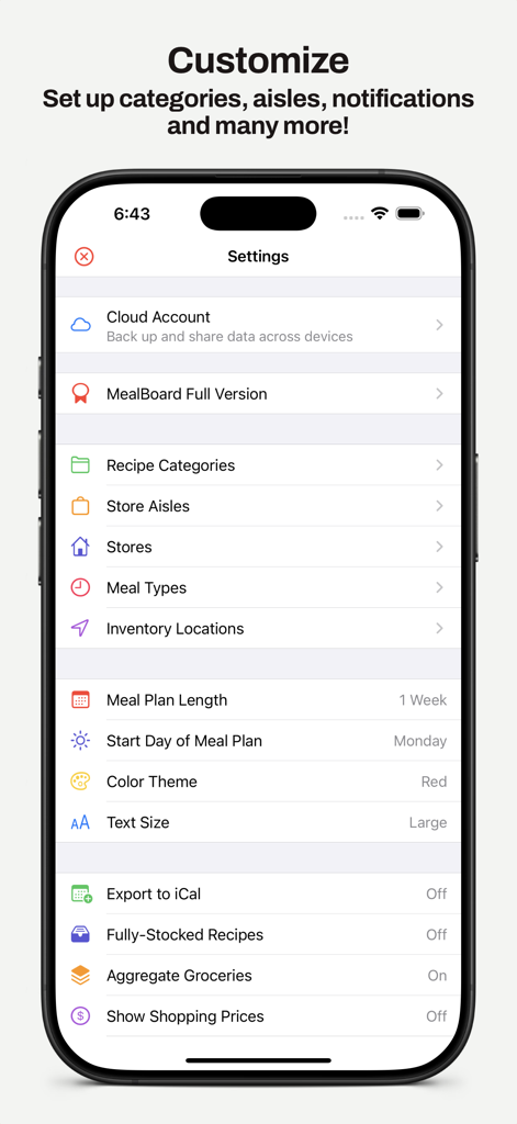MealBoard - Meal Planner - MealBoard app settings screen displaying customization options for recipe categories, store aisles, and meal plan preferences on an iPhone.