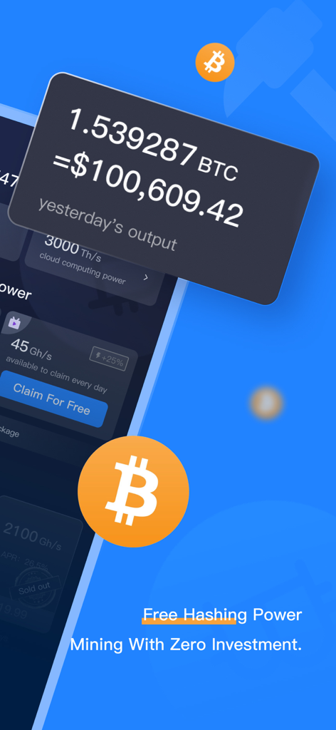 Bitcoin Mining · Cloud Mining - Bitcoin mining app interface showing daily earnings and free cloud mining options