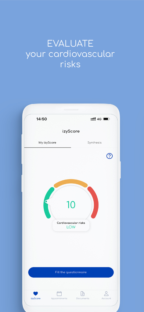 CardioParc - CardioParc app screenshot showing a low cardiovascular risk score on the izyScore gauge