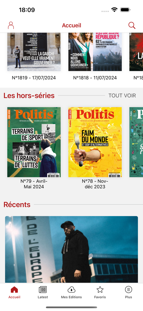 Politis - Politis app home screen showing French independent news magazine covers and special editions