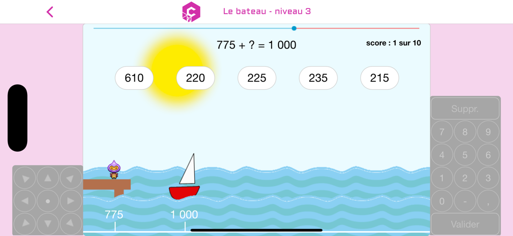 calcul@TICE - Mental math addition game in the calcul@TICE app featuring a boat theme and multiple choice answers