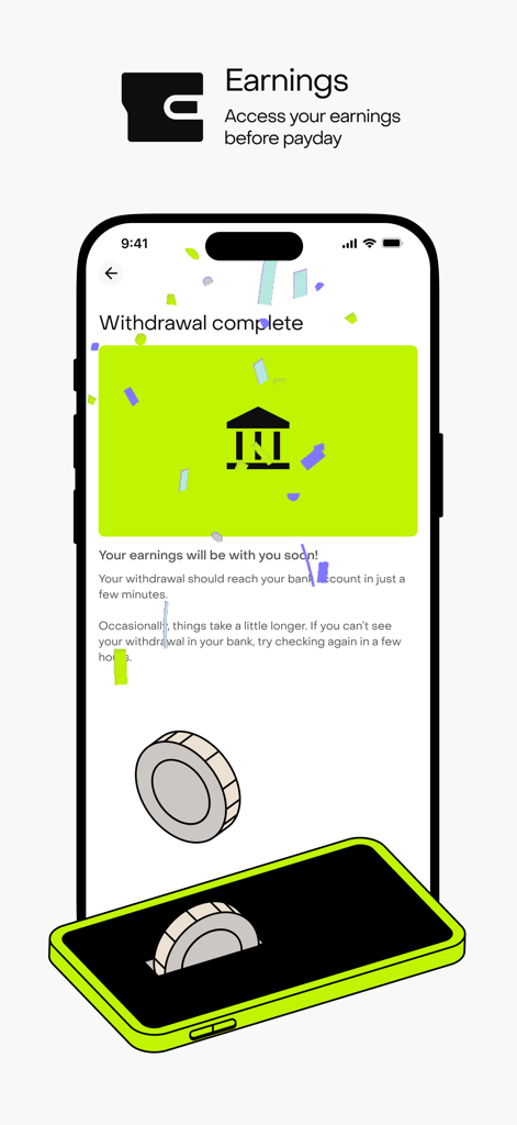 Onsi mobile app screen showing a completed earnings withdrawal before payday.