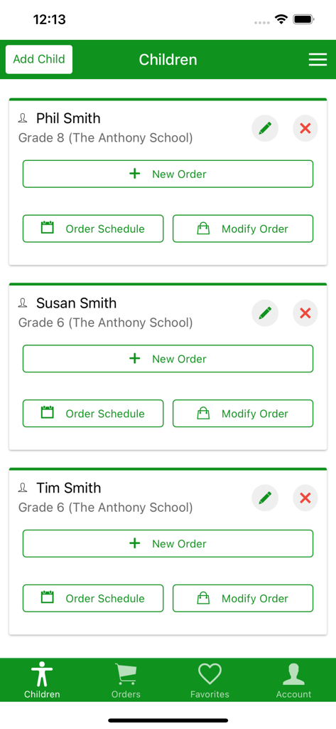 SchoolBitez - Mobile app interface of SchoolBitez showing a list of children profiles with options to add kids, create new lunch orders, and view order schedules.