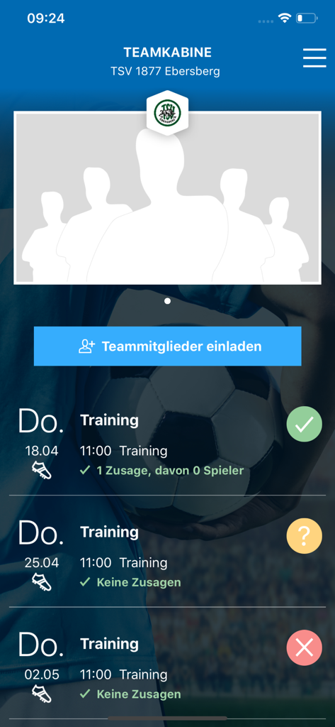 BFV-Team-App - The BFV-Team-App dashboard displaying soccer training dates and member attendance status.