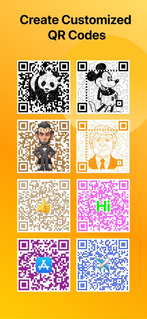 QR Code Scanner: QR Reader - Una colección de diseños creativos de códigos QR con varios colores, íconos e ilustraciones de personajes como un panda y Mickey Mouse.