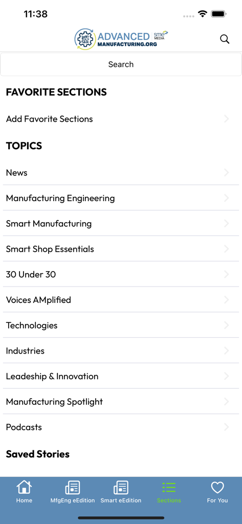 Menübildschirm der Advanced Manufacturing Mobile App mit verschiedenen Branchenthemen