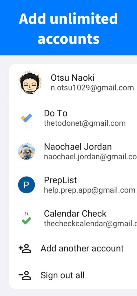 Interfaz para gestionar y cambiar entre múltiples cuentas de Google en la aplicación ToDo