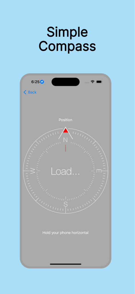 A minimalist digital compass interface on a smartphone screen showing cardinal directions