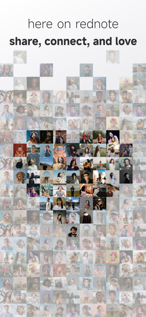 Un collage d'utilisateurs variés de l'application Rednote, accompagné des mots-clés « partager, se connecter et aimer ».