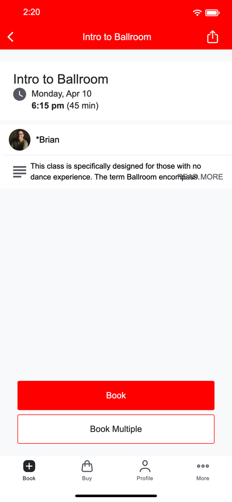 Intro to Ballroom dance class booking screen on ATOMIC Ballroom app
