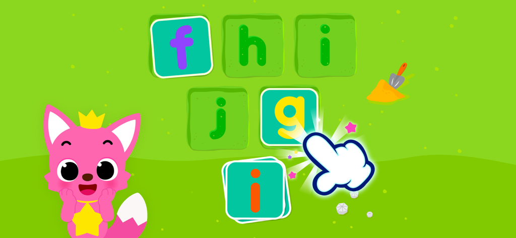 Pinkfong Tracing World - Pinkfong character next to colorful alphabet letter tiles in a preschool learning game