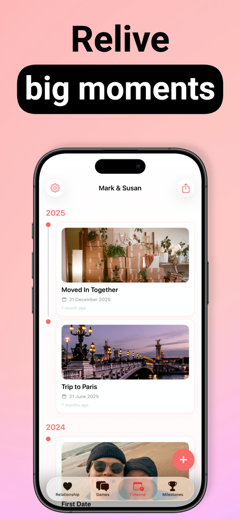 Relationship Counter - Timeline view of the Relationship Counter app showing couple milestones and memories