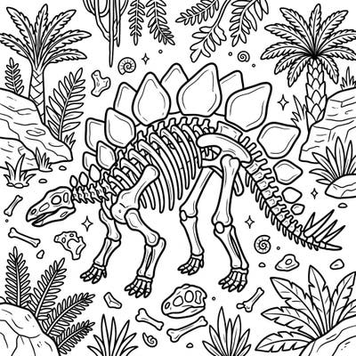 Journey back to the age of dinosaurs with this exciting Stegosaurus skeleton coloring page designed especially for kids. Discover a world of ancient bones and lush prehistoric plants, perfect for young paleontologists to bring to life with color.