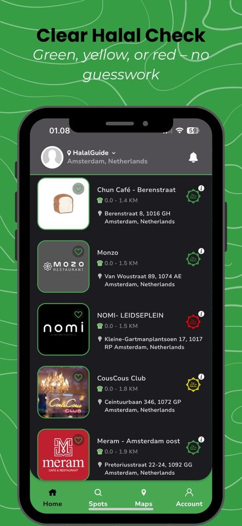 HalalGuide - HalalGuide app interface showing restaurant listings with green and red halal verification badges