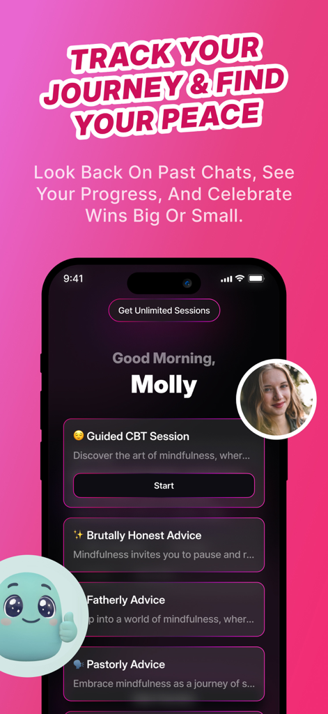 AI Vent Therapy AdviceLine AI - Interfaz de la aplicación AdviceLine AI que muestra sesiones guiadas de TCC y seguimiento personalizado del progreso de la salud mental